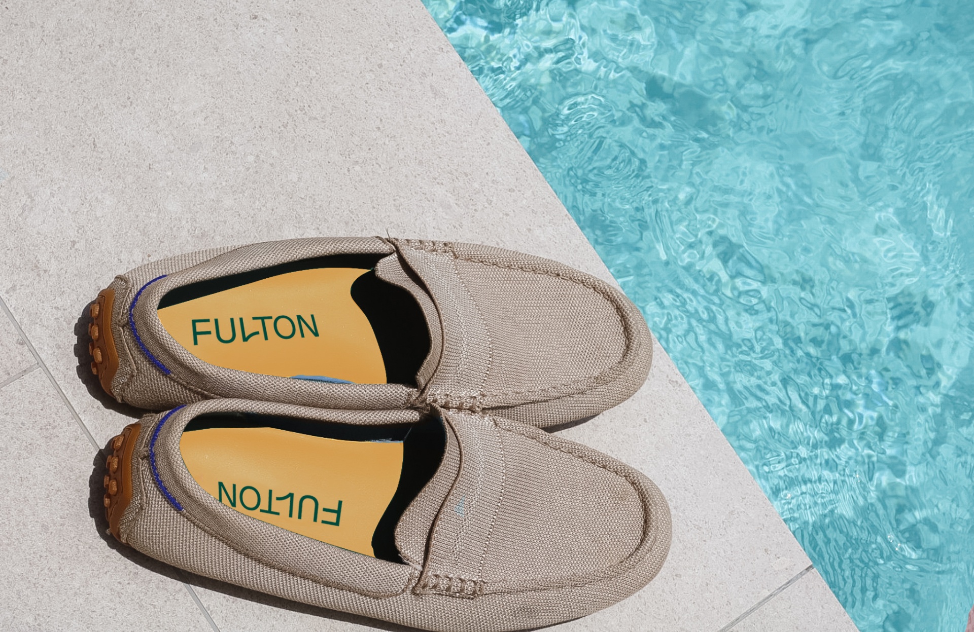 Fulton insoles inside loafers by a pool